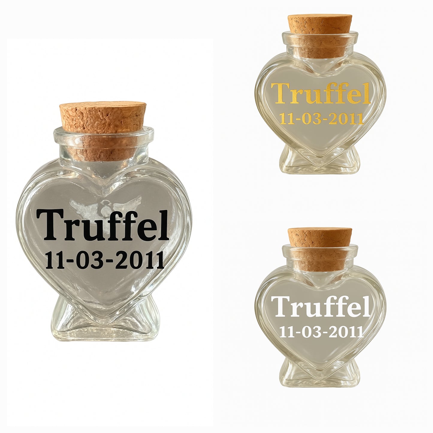 herdenkingsflesje kan gevuld worden met een klein beetje as, een plukje haar, snorhaartjes of andere kleine aandenken