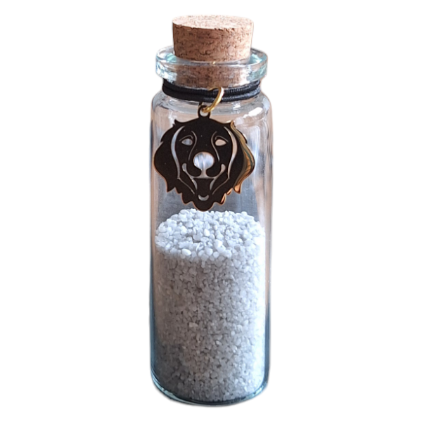 memorial flesje voor hond, gedenkflacon, herinnering hond, aandenken voor hond, bewaren plukjes vacht of wat as, gedenkflesje voor hond