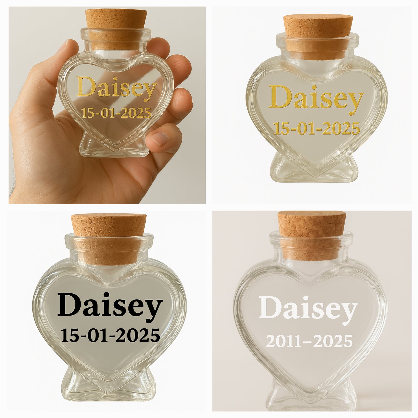 herdenkingsflesje kan gevuld worden met een klein beetje as, een plukje haar, snorhaartjes of andere kleine aandenken