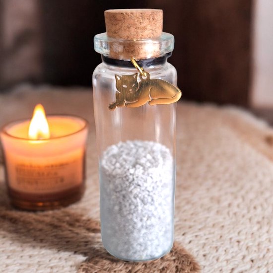 Memorial flesje voor as van overleden kat

