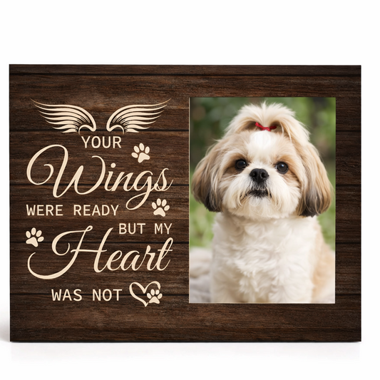 Herdenkingsfotolijst met tekst “Your wings were ready but my heart was not”. Voor een foto van je overleden huisdier – liefdevol en troostend aandenken.
