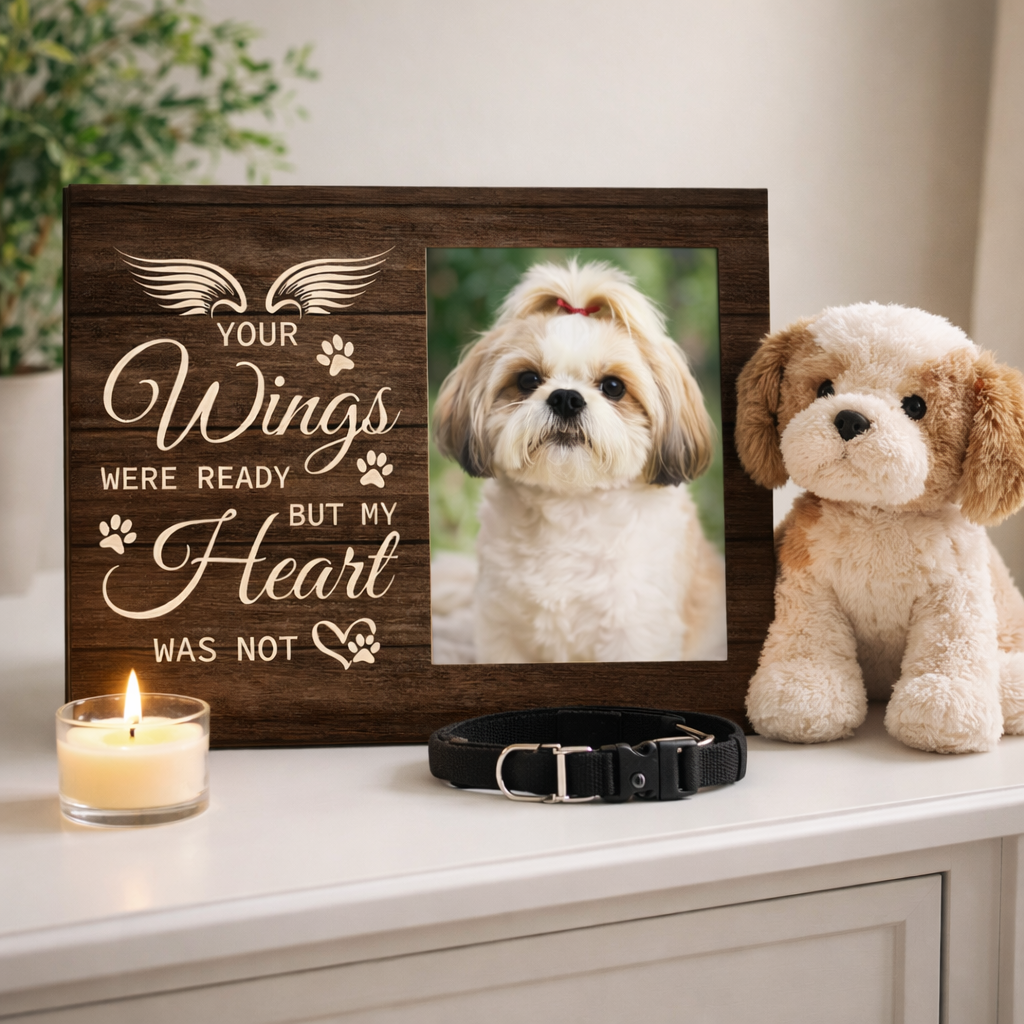 Herdenkingsfotolijst met tekst “Your wings were ready but my heart was not”. Voor een foto van je overleden huisdier – liefdevol en troostend aandenken.
