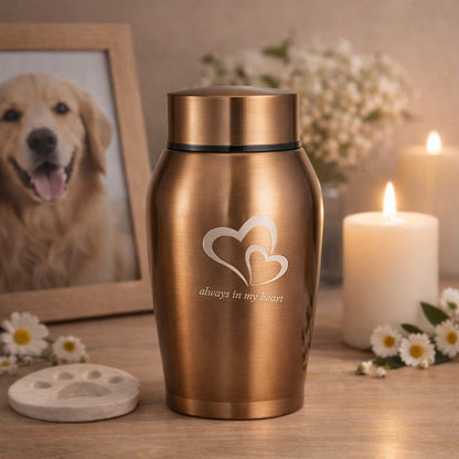 Dierenurn voor kat of kleine hond van RVS in goudkleur met hartjes