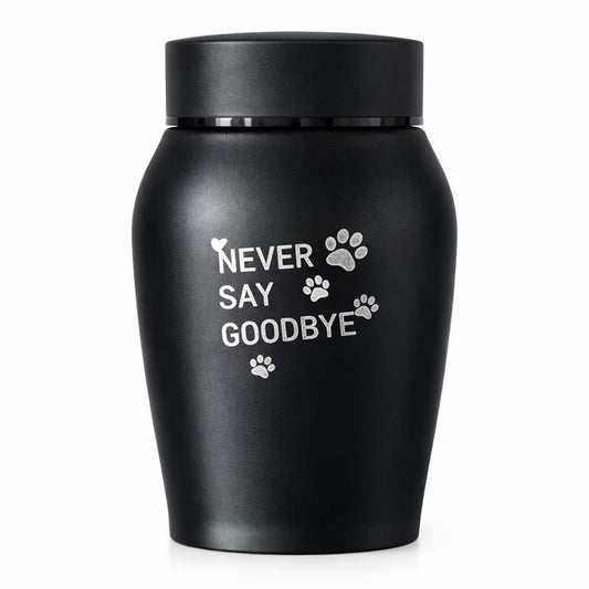 Minimalistische urn voor dierenas met witte tekst 

