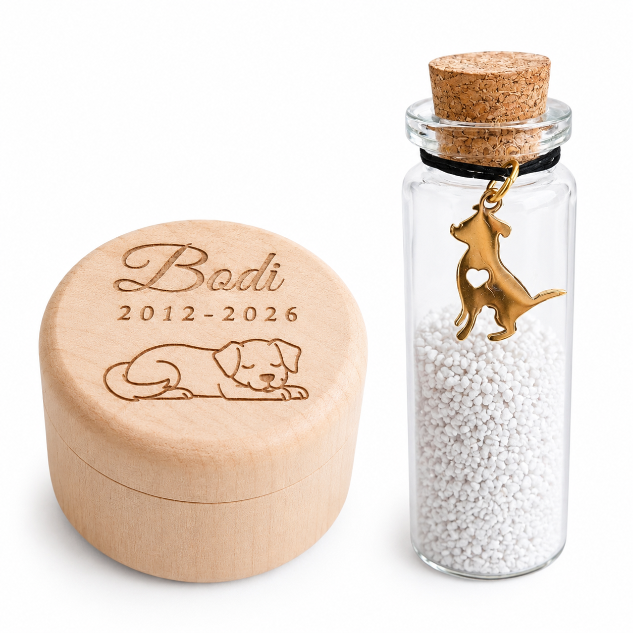 Houten herinneringsdoosje met memorial flesje – Hond - Gepersonaliseerd