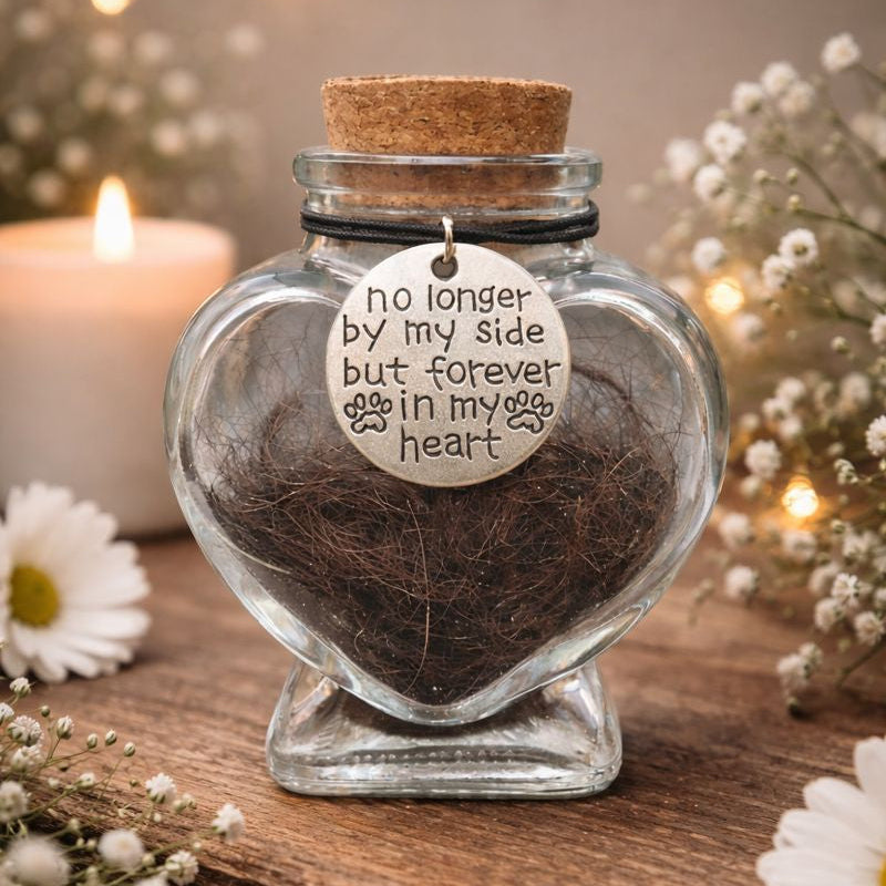 Dit herinneringsflesje biedt ruimte voor een kleine hoeveelheid as, plukje haar of een ander dierbaar aandenken