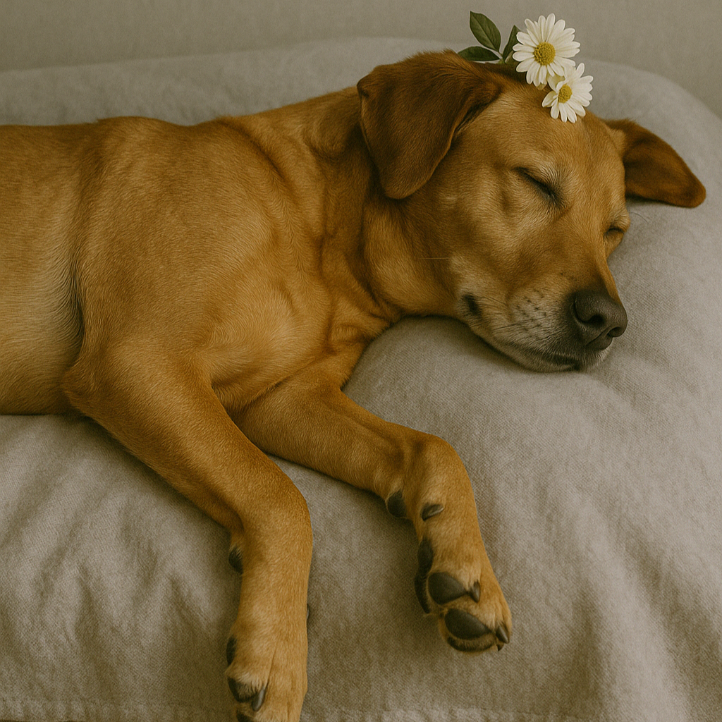 Een hond die liefdevol ligt opgebaard