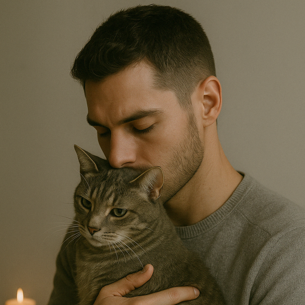 Een man die zijn kat vasthoudt en kust