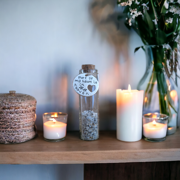 memorial flesje voor kat of hond, gedenkflacon, herinnering aan kat of hond, bewaren plukjes vacht van kat of hond