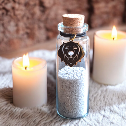 memorial flesje voor hond, gedenkflacon, herinnering hond, aandenken voor hond, bewaren plukjes vacht of wat as,  gedenkflesje voor hond