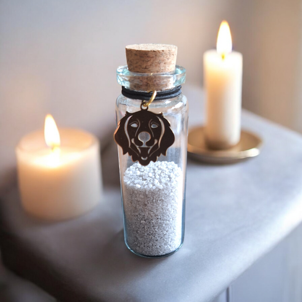 memorial flesje voor hond, gedenkflacon, herinnering hond, aandenken voor hond, bewaren plukjes vacht of wat as,  gedenkflesje voor hond