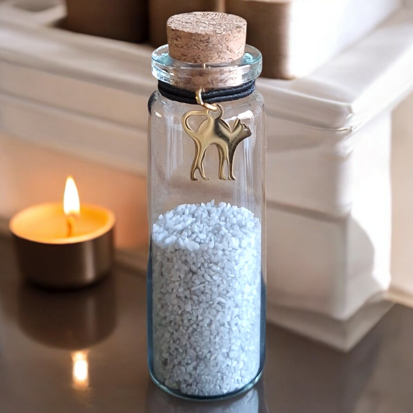 memorial fles voor kat, gedenkflacon, herinnering kat, aandenken voor kat, bewaren plukjes vacht, gedenkflesje voor kat