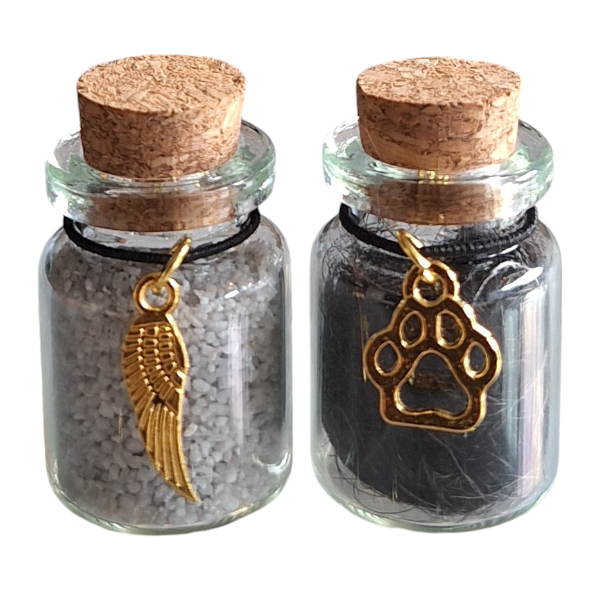 memorial flesjes, set van 2 stuks,  voor kat of hond, gedenkflacon, herinnering aan kat of hond, bewaren plukjes vacht van kat of hond