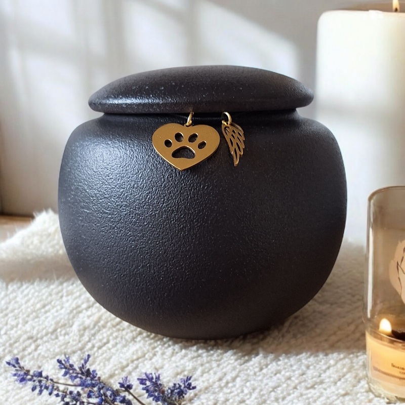 stijlvolle matzwarte urn met 2 gouden hangertjes