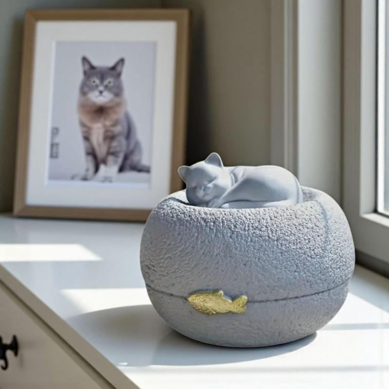 Grijze kattenurn: een vredig slapend poesje bovenop een ronde, steenachtige basis, met een subtiel gouden visje als detail