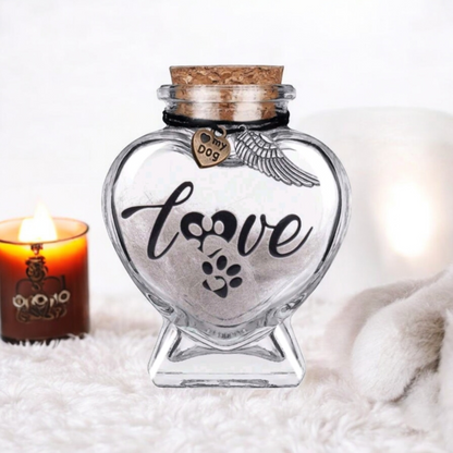 memorial flesje voor hond, gedenkflacon, herinnering hond, aandenken voor hond, bewaren plukjes vacht of wat as,  gedenkflesje voor hond