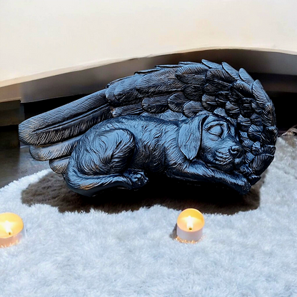 Zwarte Honden Urn – Slapend Hondje met Engelenvleugel - Groot formaat