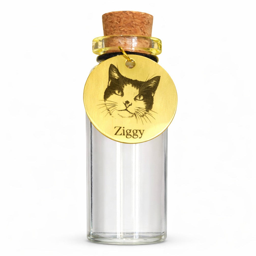 De laatste aai gedenkflesje met gegraveerde gouden RVS hanger voorzien van kattenportret en naam Ziggy