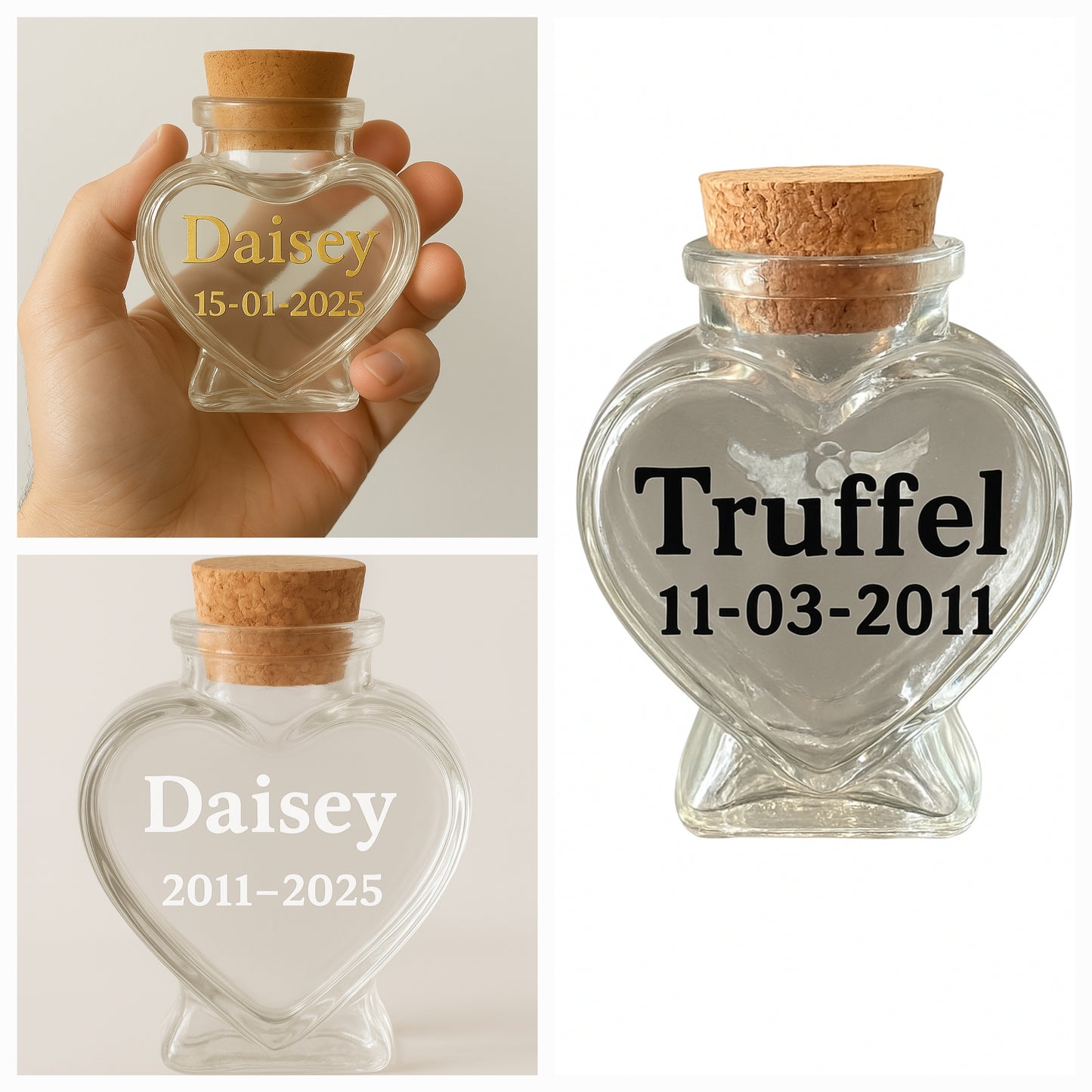 Memorial flesje met naam huisdier op achterkant