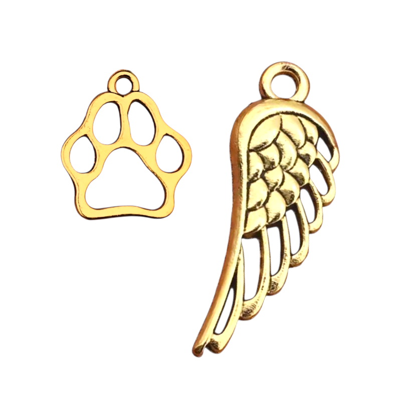 Glazen urntje huisdier met goudkleurige hangers eraan. Vul het met as, haar of een klein aandenken aan je huisdier. 