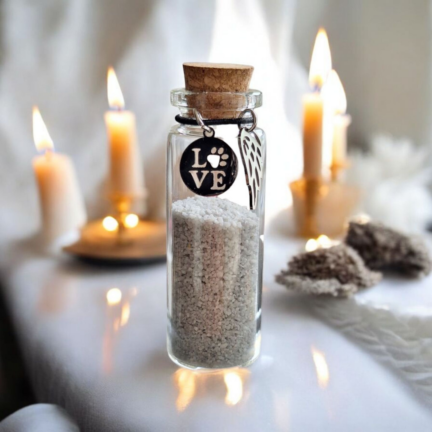 memorial flesje voor kat of hond, gedenkflacon, herinnering aan kat of hond, bewaren plukjes vacht van kat of hond