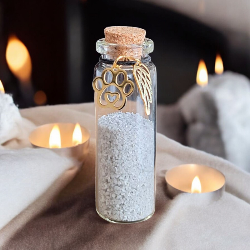 Memorial flesje voor as van overleden huisdier

