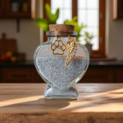 Glazen urntje huisdier met goudkleurige hangers eraan. Vul het met as, haar of een klein aandenken aan je huisdier. 