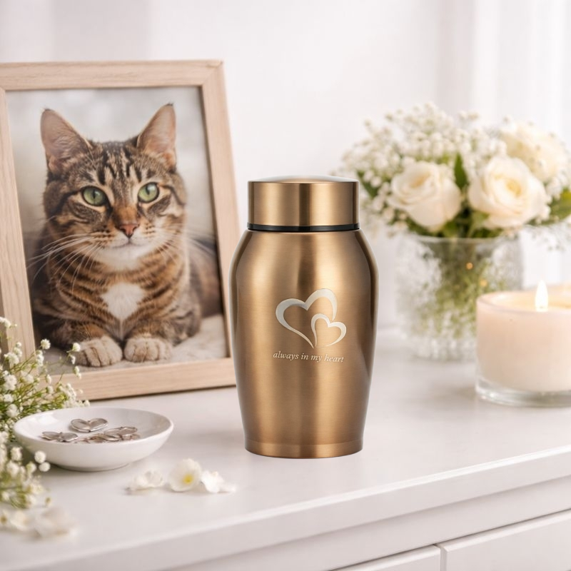 RVS urn voor huisdieren in warme goudkleur met schroefdeksel en subtiele gravure