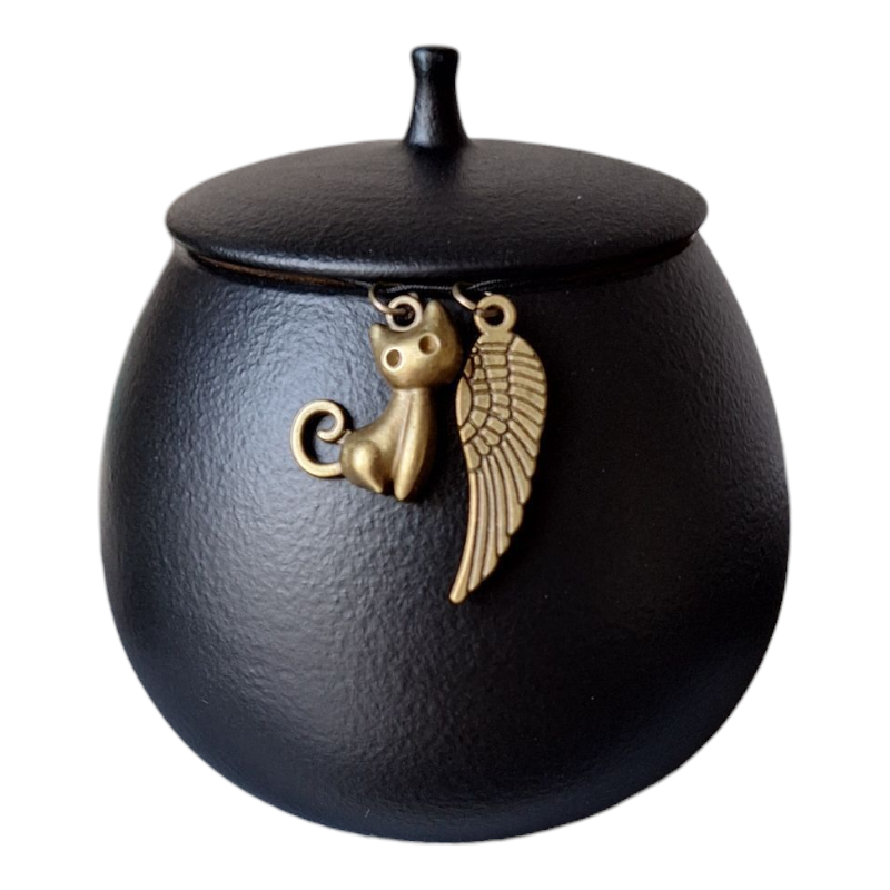 Mini urn zwart voor kat, met 2 bronzen keepsake hangertjes 