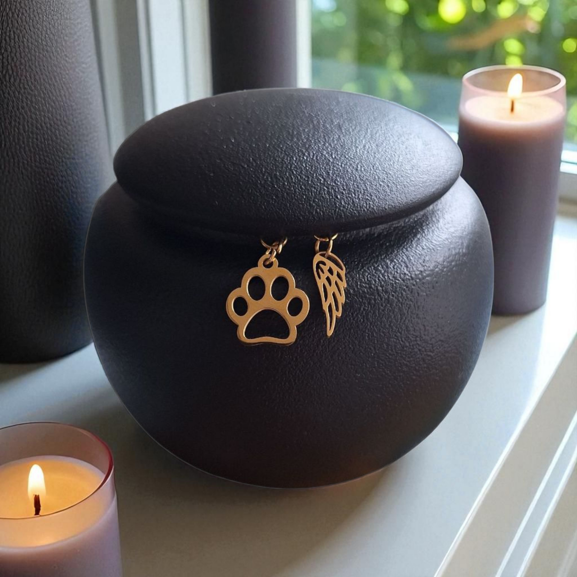 stijlvolle matzwarte urn met 2 gouden hangertjes