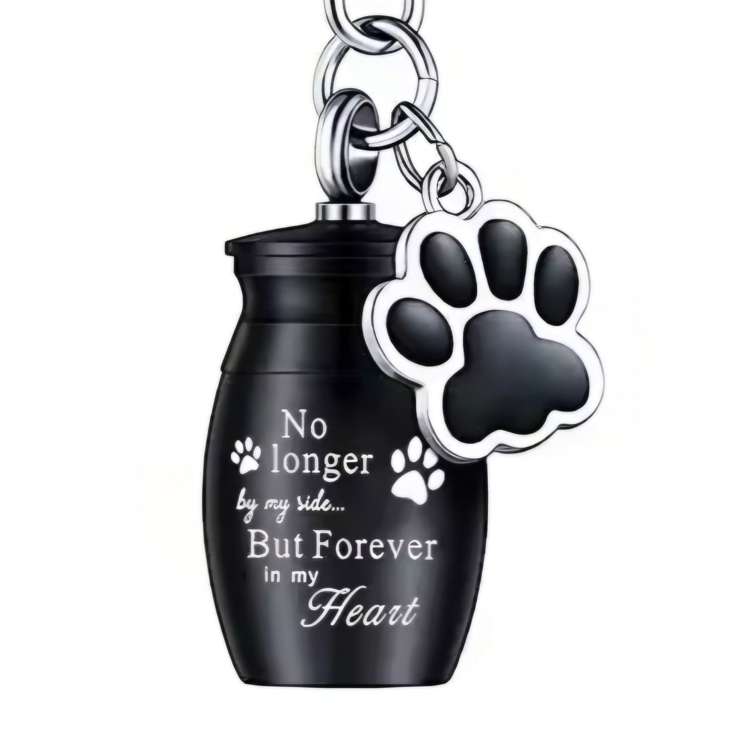sleutelhanger met mini urn met tekst "No longer by my side, but forever in my heart"